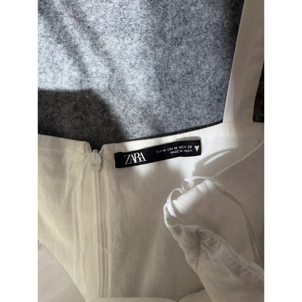 Zara White Cotton Ruched Bust Mini Dress Square Neck Sleeveless‎ Size M 30749